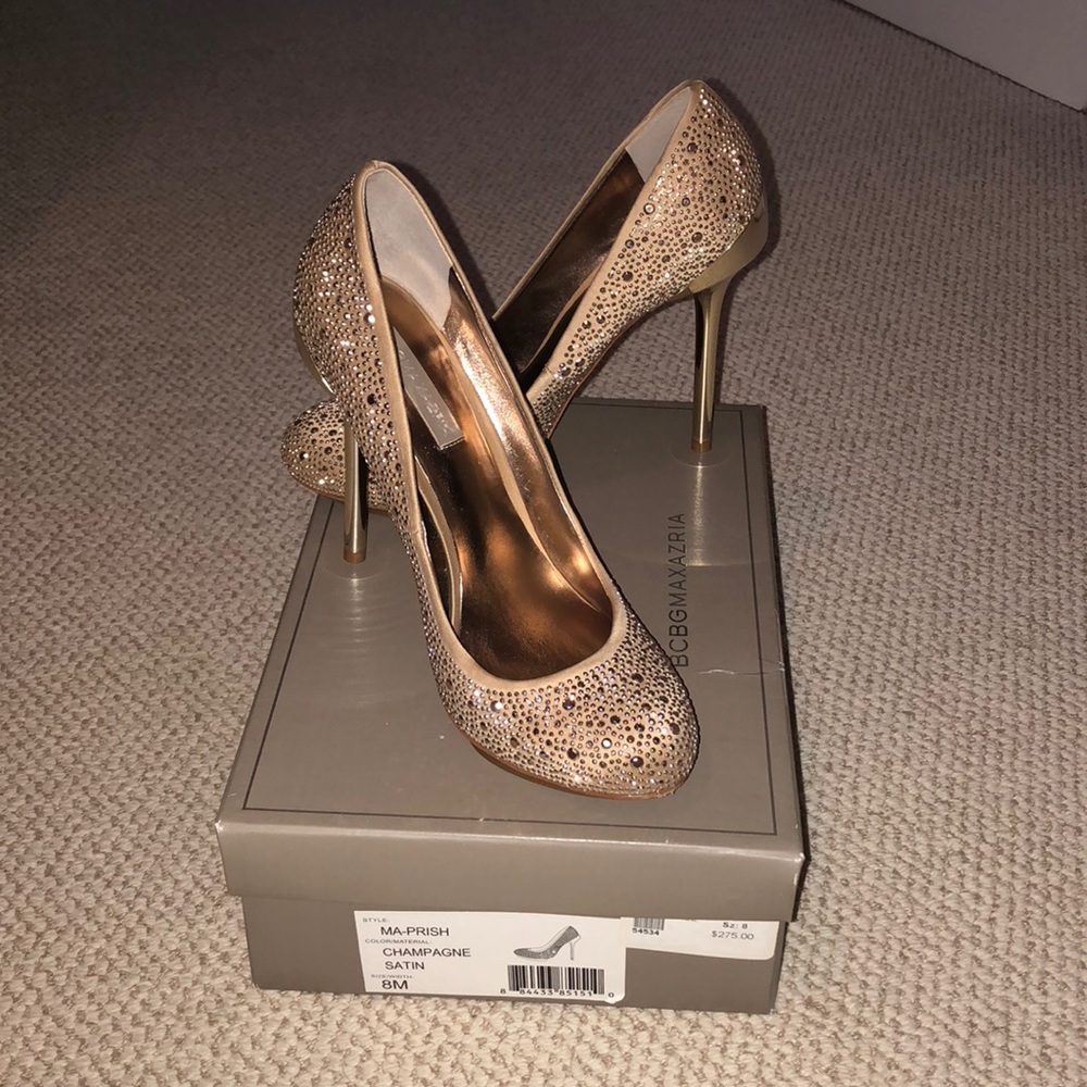 BCBGMaxAzria Champagne Satin Studded Heels
